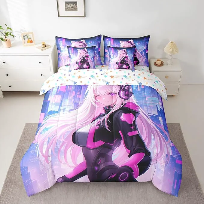 Enhanced Erosebridal Full Anime Girl Bedding Set 7 Piece Kawaii Japanese Anime Comforter Sets Cartoon Girl Sheet Set Sci Fi Style Japanese Animation Bed in A Bag for Kids Girls Teens Adult Women Room Premium