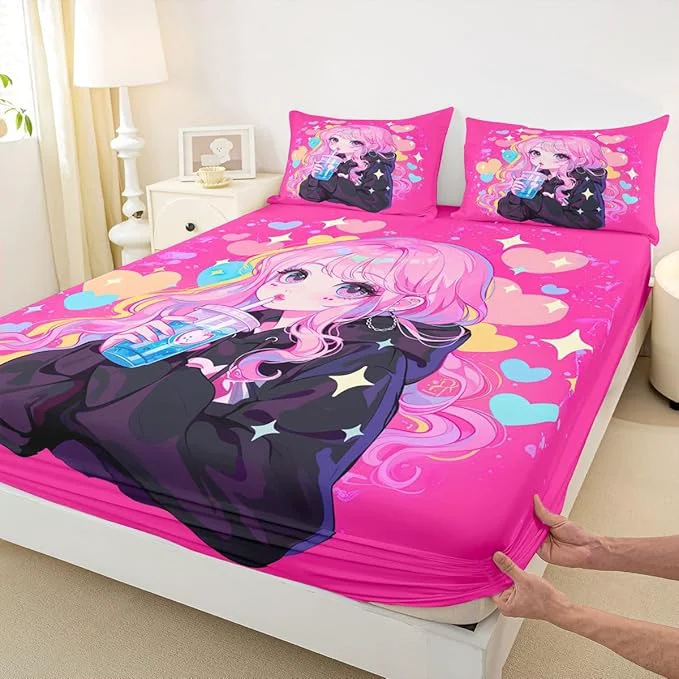 Artisan Erosebridal Preppy Girls Sheets for Boys Girls Kawaii Japanese Girl Drinking Water Fitted Sheet Coquette Girl with Colorful Curly Hair Kids Bedding Sets Pink Anime Gifts Bed Sets Full 3 Piece Green