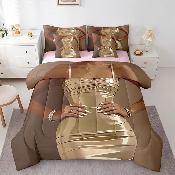 High-Quality Erosebridal Fashion Black Woman Comforter Sets 7 Piece for Kids Vogue Black Girls Queen Sheet Set Fashionable Gorgeous Bedding Set for Girls Women Teens Romantic Fashion Theme Bed in A Bag Next-Generation