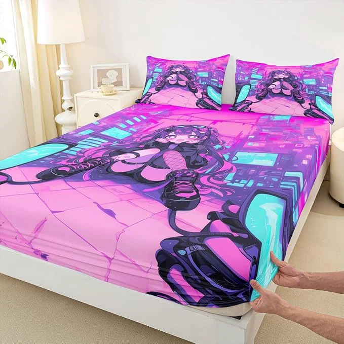 Convenient Erosebridal Fashion Girls Full Bed Sheets for Kids Boys Girls Japanese Girl Fitted Sheet Girly 3D Gaming Bedding Sets Fashion Pink Coquette Sheets with 2 Pillowcases Minimalist