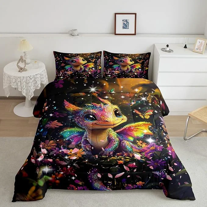 Trendy Feelyou Dragon Comforter Set Toddler Size Dragon Stuff Comforter for Boys Girls Teens Shiny Flower Bedding Set Dragon Decor Duvet Set Room Decor Carbon Black Quilt Set Innovative