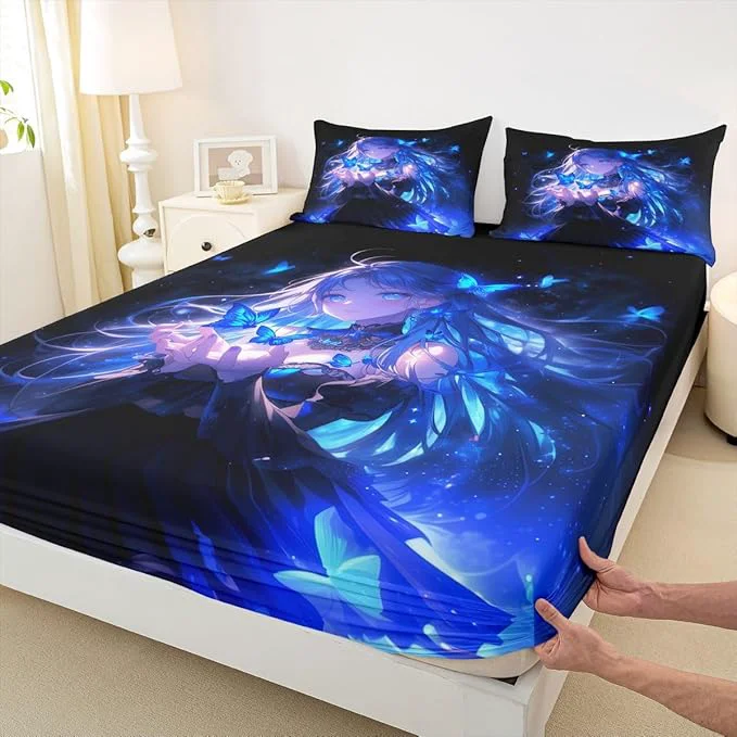 High-End Erosebridal 3D Japanese Girl Fitted Sheet for Boys Girls Kids Blue Butterfly Decorations Full Bed Sheets Cartoon Sheets Anime Gifts for Her Bedding Sets No Top Sheet Fine