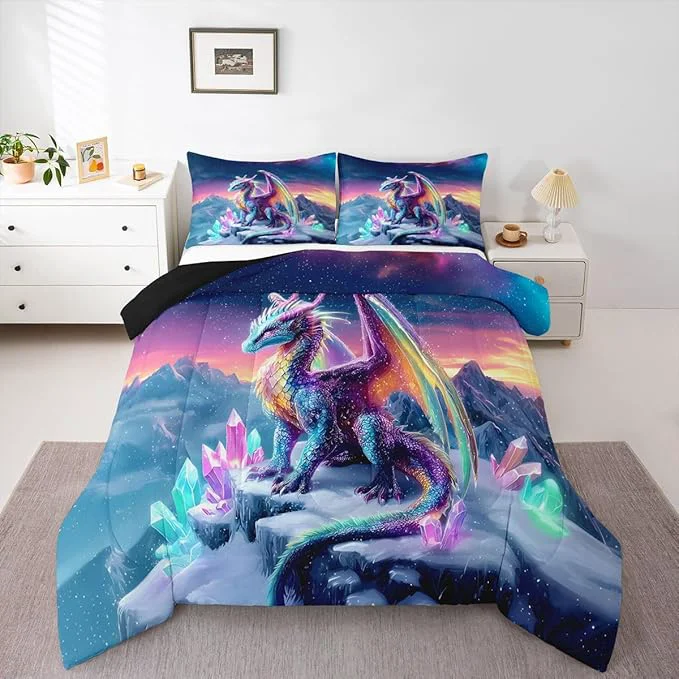 Comfortable Feelyou Dragon Kids Comforter Set Twin Size Dragon Stuff Bedding Set Wild Life Duvet Quilt for Kids Boys Girls Bedroom Wildlife Decor Purple Bluish Microfiber Ultra Soft Breathable Refined