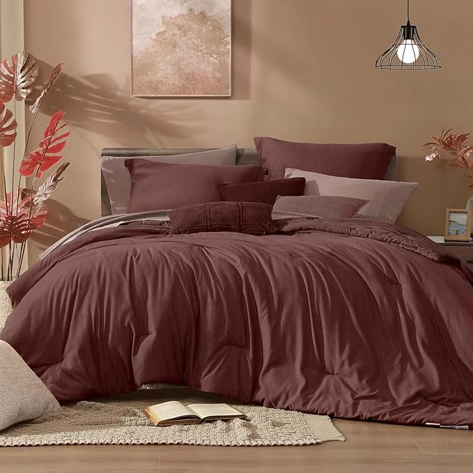 Trendy Monbix California King Comforter Set - 7 Pieces Cationic Dyeing Dark Red Bed in a Bag Cal King Bedding Sets with Comforter Sheets Pillowcases amp Shams Reversible Bedding Comforters Sets Contemporary