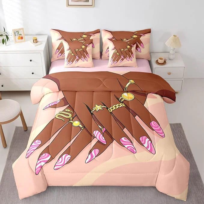 Efficient Erosebridal Romantic Makeup Themed Comforter Sets Full for Girls Fashion Girlish Sheet Set 7 Piece Black Girls Bedding Set for Kids Teens Adult Women Bedroom Afro Vogue Princess al Bed in A Bag Natural