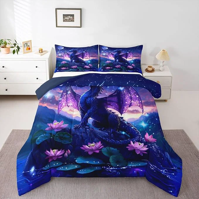 Enhanced Feelyou Dragon Kids Comforter Set Toddler Size Dragon Stuff Bedding Set Wild Life Duvet Quilt for Kids Boys Girls Bedroom Wildlife Decor Purplish Microfiber Ultra Soft Breathable Expertly Made