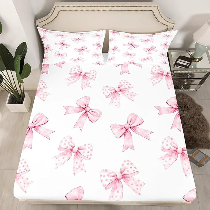 Secure Erosebridal Pink Bow Fitted Sheet Twin Coquette Bowknot Bed Sheets for Boys Girls Princess Girls Ribbon Bowtie Bed Set Watercolor Cute Sheets with 1 Pillowcase Prestigious