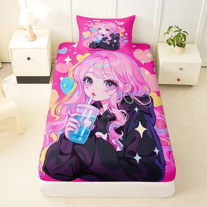 Optimized Erosebridal Preppy Girls Sheets for Boys Girls Kawaii Japanese Girl Drinking Water Fitted Sheet Coquette Girl with Colorful Curly Hair Kids Bedding Sets Pink Anime Gifts Bed Sets Twin 2 Piece Enhanced