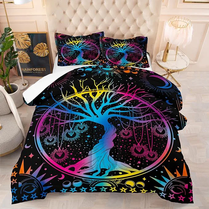Authentic NINENINE Tree of Life Bedding Sets Queen Sun and Moon Comforter Set Gothic Bohemian Comforter Set for Kids Boys Girls Galaxy Stars Mandala Tribal Bed Set with 1 Comforter 2Pillowcases… Functional
