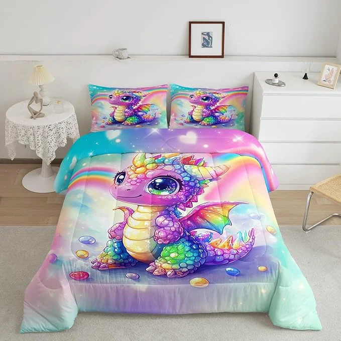 Advanced Feelyou Dragon Comforter Set King Size Dragon Stuff Comforter for Boys Girls Teens Cute Bedding Set Dragon Decor Duvet Set Room Decor Multicolored Quilt Set Original Design