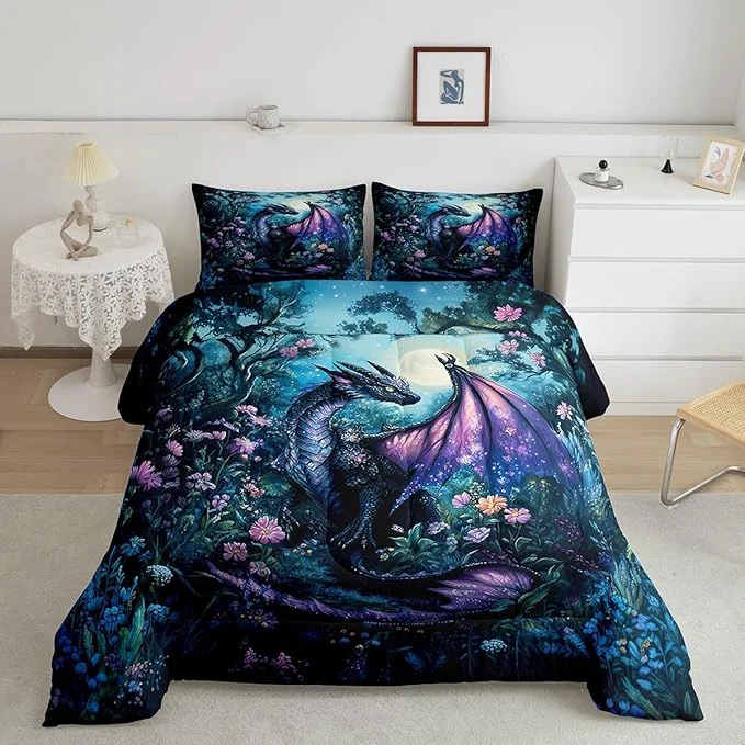 High-Quality Feelyou Dragon Comforter Set Twin Size Comforter for Boys Girls Teens Wild Life Bedding Set Jungle Dragon Duvet Set Room Decor Balck Blue Quilt Set Green