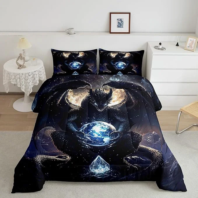 Long-Lasting Feelyou Dragon Comforter Set Toddler Size Dragon Stuff Comforter for Boys Girls Teens Wild Life Bedding Set Dragon Decor Duvet Set Room Decor Black Quilt Set Detailed