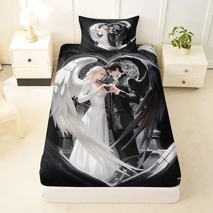 Elite Erosebridal Angel Wings Sheets for Boys Girls Black and White Angel Fitted Sheet Romance Love Kids Bedding Sets Princess Fairy Style Bed Sets Twin 2 Piece Enhanced