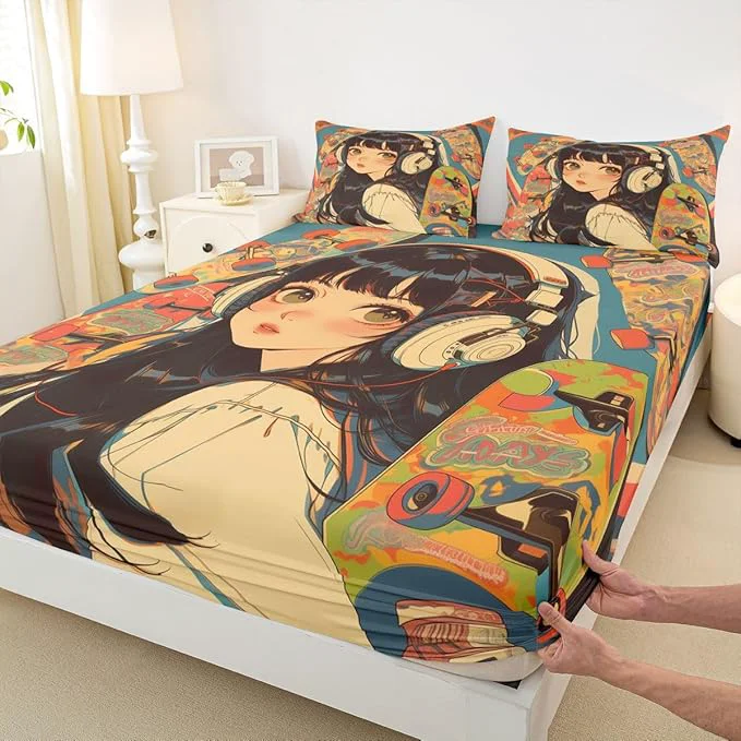 Smart Erosebridal 3Pcs Anime Bedding Set Fashion Street Girls Fitted Sheet 3D Cartoon Printed Comfortable Soft Bed Sheets for Kids Boys Girls Teens Tattoo Watercolor Art Japanese Style Sheets Queen Size Traditional