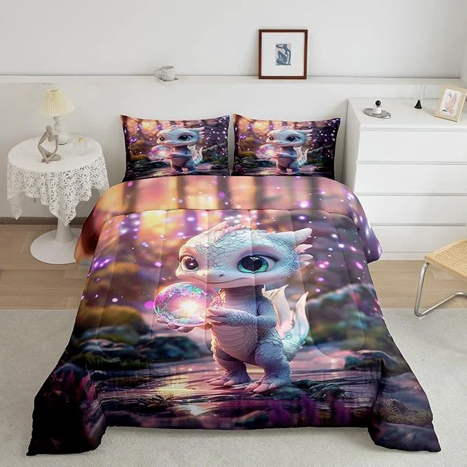 Unique Feelyou Dragon Comforter Set Queen Size Cute Comforter for Boys Girls Teens Wild Life Bedding Set Dragon Decor Duvet Set Room Decor Pink Purple Quilt Set Trendy