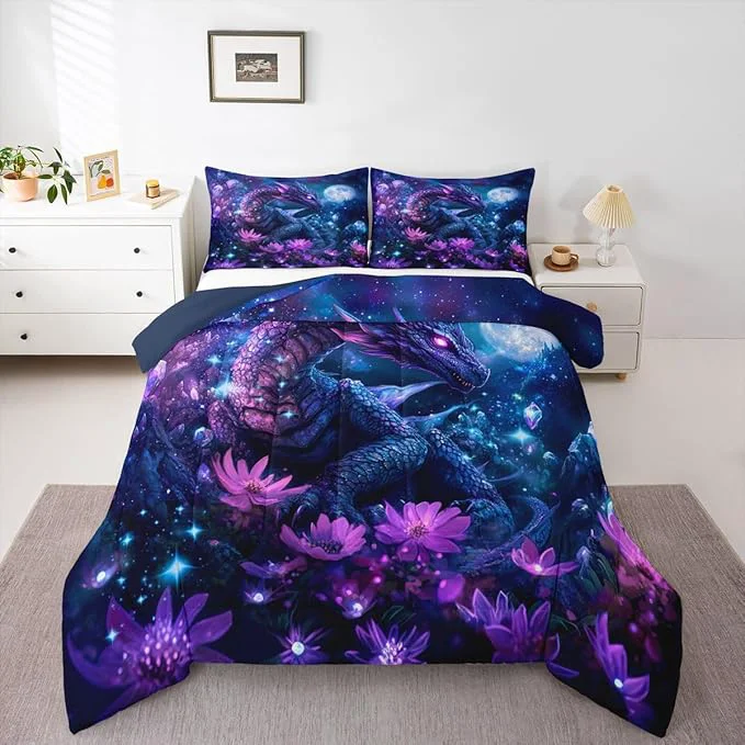 Secure Feelyou Dragon Comforter Set All Season Dragon Stuff Bedding Set with 1 Pillow Cases Wild Life Kids Toddler Bedclothes Wildlife Bedroom Decor Purple and Blue Duvet Quilt Breathable Soft Sophisticated