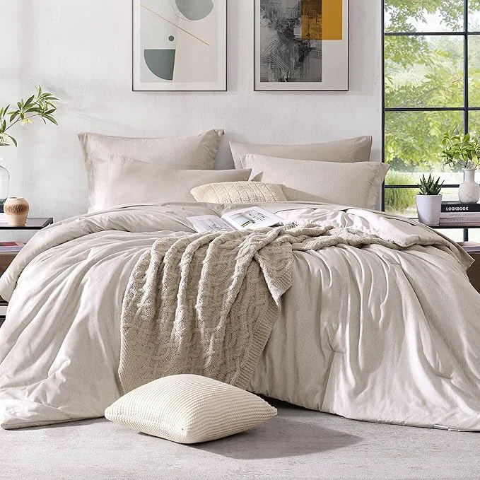 Minimalist Monbix Queen Comforter Set - 7 Pieces Cationic Dyeing Oatmeal Beige Bed in a Bag Queen Bedding Sets with Comforter Sheets Pillowcases amp Shams Reversible Bedding Comforters Sets Genuine