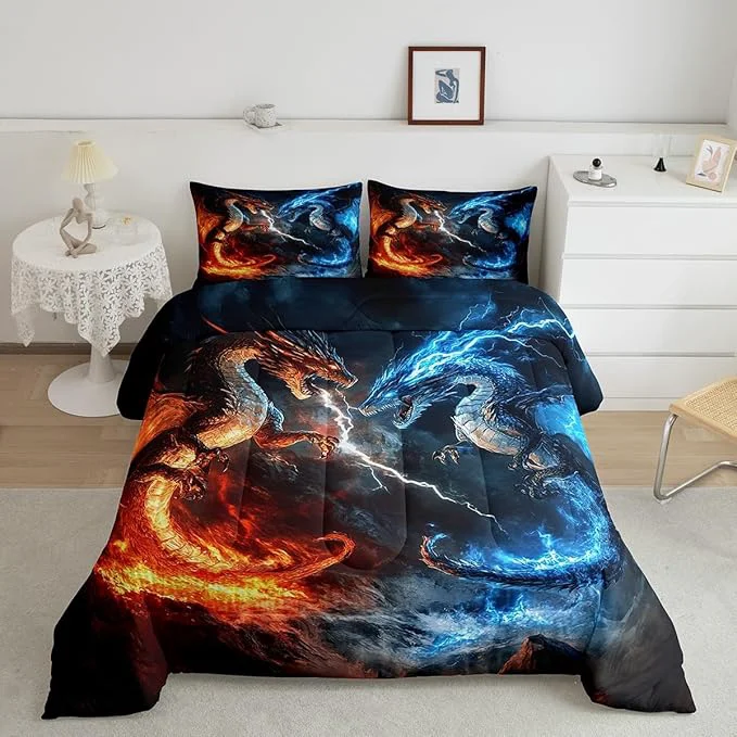 Fine Feelyou Dragon Comforter Set Queen Size Dragon Stuff Comforter for Boys Girls Teens Wild Life Bedding Set Thunder and Lightning Duvet Set Room Decor Blue Orange Quilt Set High-Grade