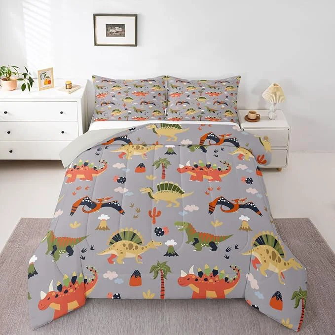 Enhanced Feelyou Cartoon Dinosaur Comforter Set All Season Cute Bedding Set with 1 Pillow Cases Jungle Dino Kids Toddler Bedclothes Wild Animal Bedroom Decor Gray Duvet Quilt Breathable Soft High-Grade
