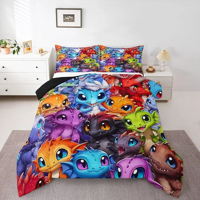 Versatile Feelyou Dragon Comforter Set All Season Dragon Stuff Bedding Set with 1 Pillow Cases Wild Life Kids Toddler Bedclothes Wildlife Bedroom Decor Colorful Duvet Quilt Breathable Soft Lightweight Solid