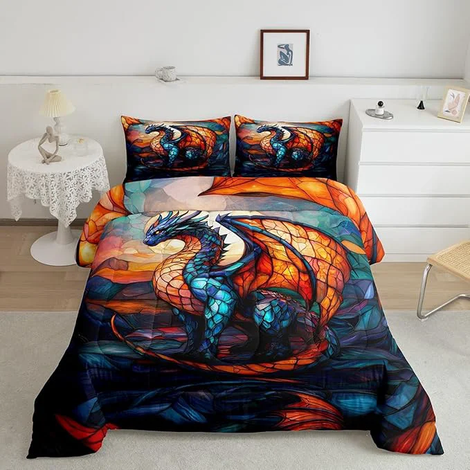 Environmentally Friendly Feelyou Dragon Comforter Set Full Size Dragon Stuff Comforter for Boys Girls Teens Wild Life Bedding Set Orange Blue Duvet Set Room Decor Quilt Set Fine