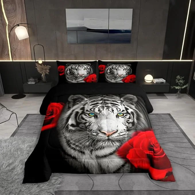 Clean Castle Fairy Tiger Flower Bedding Set Queen Size 3D Africa Tiger Animal Comforter Set for Kids Teens Room Decor Red Rose Floral Duvet Insert Tiger Wildlife Down Comforter Set 3Pcs Relaxed