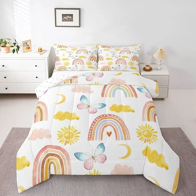 Efficient Rainbow Comforter Set Full Size Girls Butterfly Bedding Sets Cartoon Rainbow Quilt Sets Colorful Sun Clouds Comforters Iridescent Print Down Comforter Geometric Stripes Soft Lightweight Bedding Fine