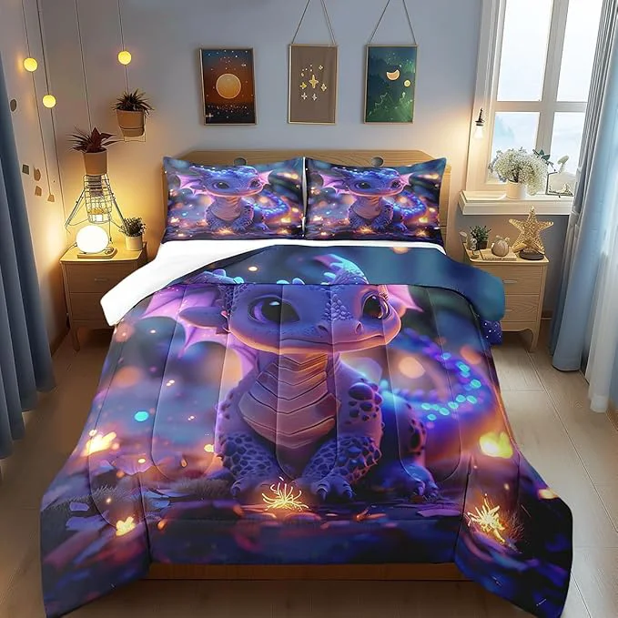 Durable Castle Fairy Cute Dragon Bedding Set Full Size Mysterious Jungle Comforter for Child Toddler Teens Kawaii Western Dragon Animal Down Comforter Glitter Plant Duvet Insert with 2 Pillowcases Responsible