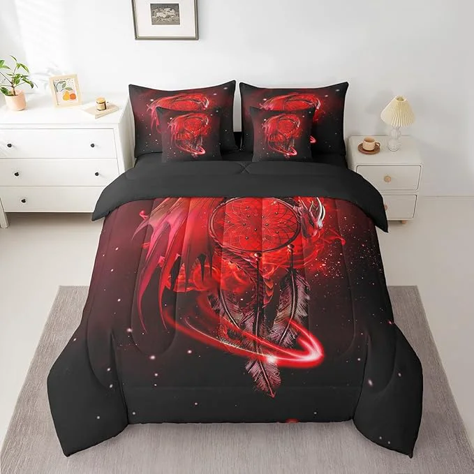 Exceptional Erosebridal Gothic Dragon Dream Catchers 7 Piece Comforter Set Full Bed in a Bag Red Galaxy Bohemian Feather Bedding Sets Antique Animal Pterosaur Sheet Set with Comforter Professional