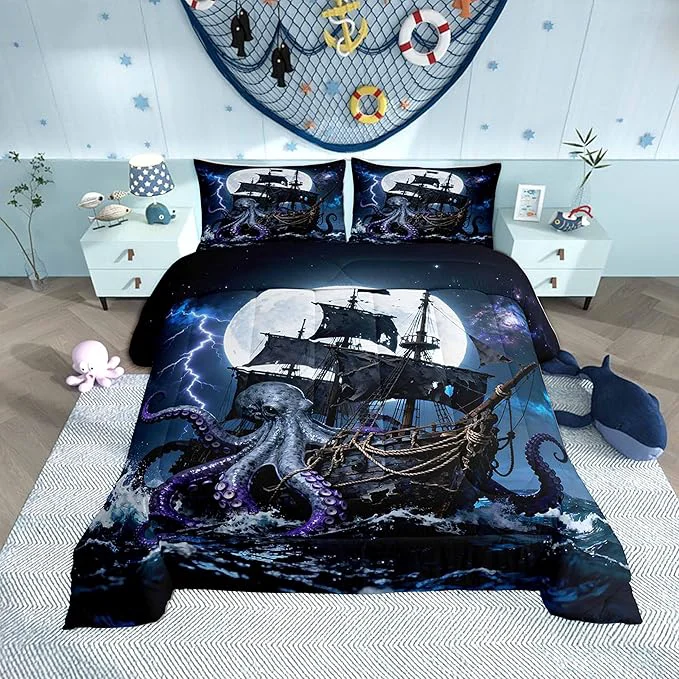 Fine Crafted Castle Fairy Octopus Pirate Ship Comforter Set Toddler Size 2 Pcs Moon Lightning Galaxy Night Sky Bedding Sets for Kids Teens Adults Wild Sealife Ocean Sailing Quilted Comforter with 1 Pillowcase Unique