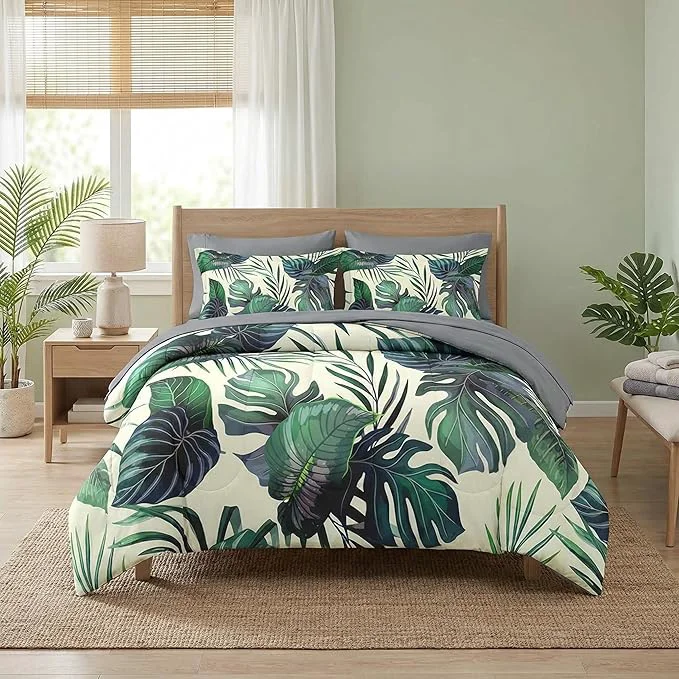Premium Comforter Set Queen Size Palm Leaf Tropical 7 Pcs Bedding for Kids and Adults Plants Leaves Hawaiian Bed Sheet Sets with Fitted Sheet 2 Pillowcase amp 2 Sham for Bedroom Bed Decor Long-Lasting