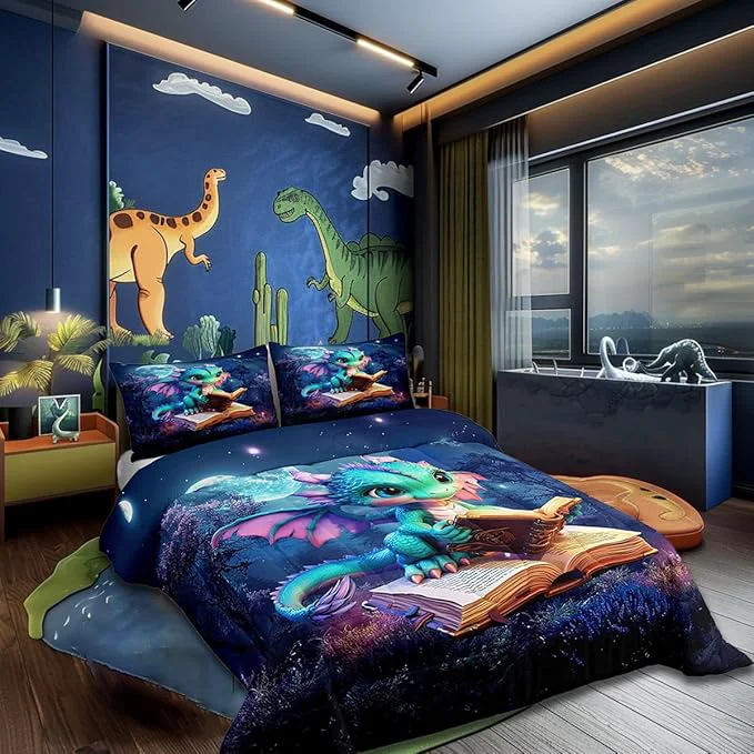 Organic Cartoon Dragon Bedding Set Full Size al Jungle Night Comforter Set Gift Dragons Lover Son Birthday Room Decor Cute Dragon Books Print Blanket Starry Moon Sky Quilt Set with 2 Pillowcase Healthy
