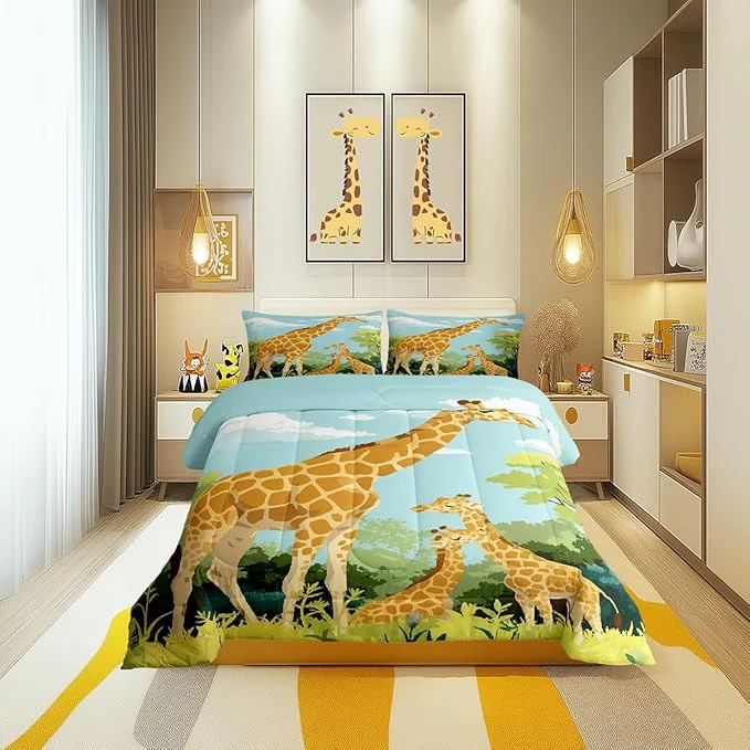 Efficient Cartoon Giraffe Comforter Set Twin Size for Kids Cute Tropical Wild Animal Bedding Sets All Season Blue Sky Jungle Trees Quilt Set Bedroom Decor Tallest Neck Animal Down Comforter 2Pcs Durable