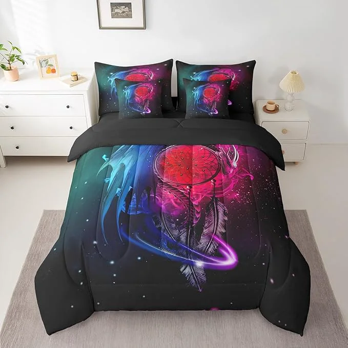 Prestigious Erosebridal Gothic Dragon Dream Catchers Bed in a Bag Queen Comforter Set 7 Piece Purple Blue Galaxy Bohemian Feather Bedding Sets Antique Animal Pterosaur Sheet Set with Comforter Relaxed