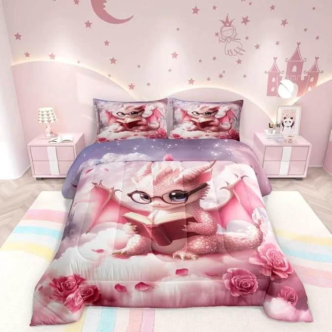 Casual Kawaii Dragon Comforter Set Full Size for Kids Western al Animal Bedding Sets All Season Pink Rose Flower Castle Quilt Set Bedroom Decor Dreamy Gradient Sky Down Comforter 3Pcs Organic