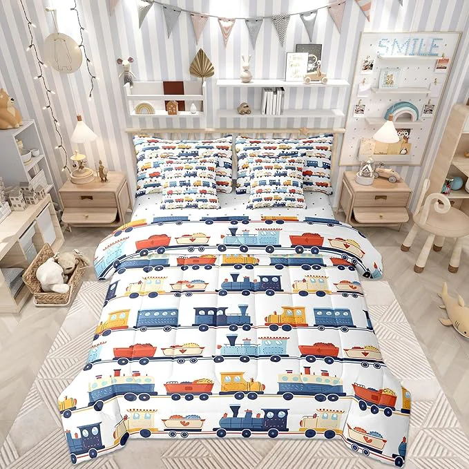 Official Cartoon Train Comforter Set King Size Transport Vehicles Bedding Set for Kids Teens Vintage Train Tracks Comforter Fitted Flat Sheet 2 Pillowcases 2 Throw Pillow Covers 7 Pieces Classic