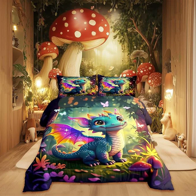 Original Castle Fairy Cute Dragon Comforter Set King Size Mushroom Floral Butterfly Bedding Set Toddler Bedroom Decor Purple Orange Wings Dragon All Season Quilt Set Dreamy Jungle Bedding Comforter Sets 3Pcs Smart