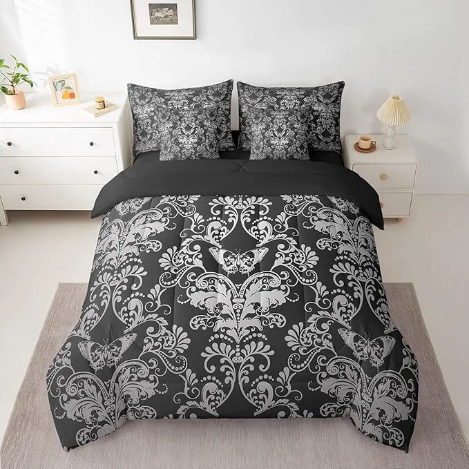 Functional Erosebridal Gothic Damask Bed in a Bag King Size Comforter Set 7 Pieces Butterfly Skull Bedding Sets Black White Victorian Floral Goth Sheet Set with Comforter High-Performance