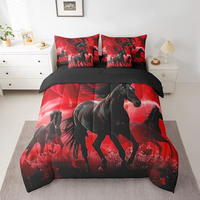 Dependable Erosebridal Horse 7 Piece Comforter Set Full Bed in a Bag Red Rose Flowers Bedding Sets Western Animals Sheet Set with Comforter Smart