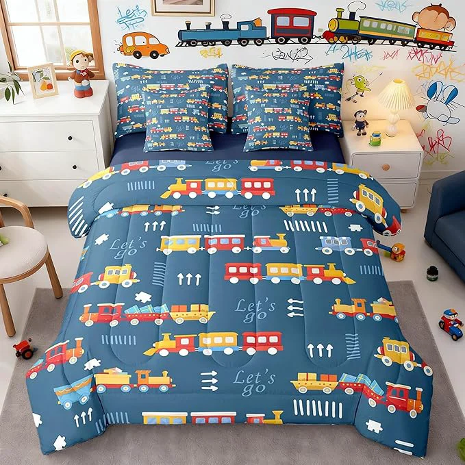 Advanced 7 Pieces Cartoon Train Boys Full Comforter Set Hand Drawn Style Graffiti Decor Hippie Bedding Sets Red Yellow Cute Trains All Season Comforter Flat Sheet Fitted Sheet 2 Pillowcases 2 Pillow Covers Fine