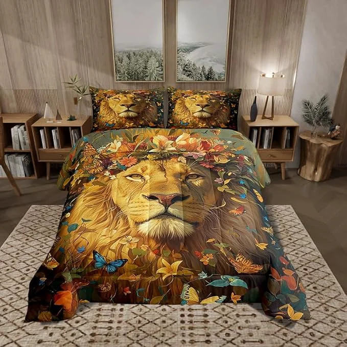 Responsible Castle Fairy Wild Lion Bedding Set King Size Spring Flowers Comforter for Child Toddler Teens African Lion Animal Down Comforter Watercolor Butterfly Duvet Insert Bedroom Decor with 2 Pillowcases Genuine