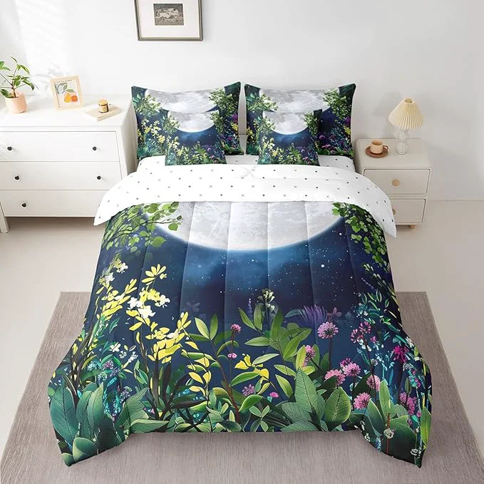 Versatile Erosebridal Botanical 7 Piece Comforter Set Full Bed in a Bag Jungle Plant Leaves Galaxy Bedding Sets Stars and Moon Sheet Set with Comforter Long-Lasting