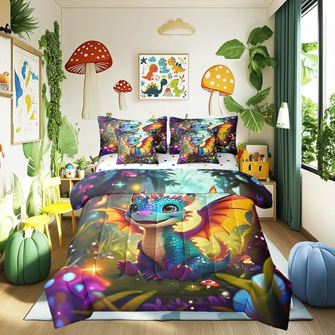 Selected Cartoon Dragon Bed in a Bag Comforter Set Western al Animal King Size 7 Pieces for Kids Cute Jungle Mushroom Botanical Bedding Set with Comforter Sheet Set Pillowcases Pillow Covers Reliable