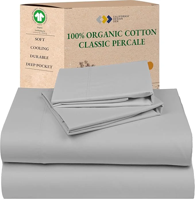 Selected California Design Den Queen Bed Sheets - Soft Organic Cotton Sheets with Deep Pockets Crisp Percale Breathable and Durable Bedding Set - Light Grey High-Quality