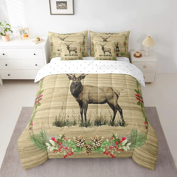 Professional Reindeer Bed in a Bag King Size Comforter Set 7 Pieces Woodland Animals Bedding Sets Rustic Elk Deer Moose Sheet Set with Comforter Smooth