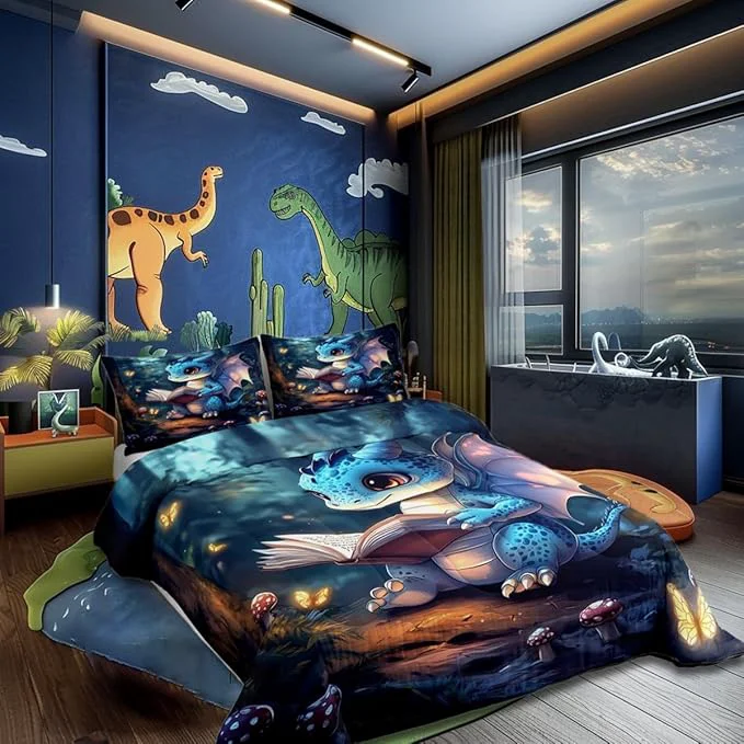 Consistent 3D Cartoon Dragon Bedding Set Twin Size Western Fairy Tale Comforter for Child Teens Sparkling Pink Butterfly Down Comforter Mysterious Jungle Duvet Insert with 1 Pillowcase Smart