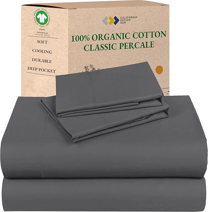 Fine California Design Den Full Size Sheet Set - Soft Organic Bed Sheets with Deep Pockets Crisp Percale Breathable and Durable Bedding Set - Grey High-Performance