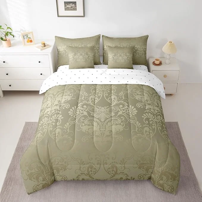 Exclusive Erosebridal Gothic Damask Bed in a Bag King Size Comforter Set 7 Pieces Exotic Moth Bedding Sets Olive Grey Victorian Floral Goth Sheet Set with Comforter Recyclable