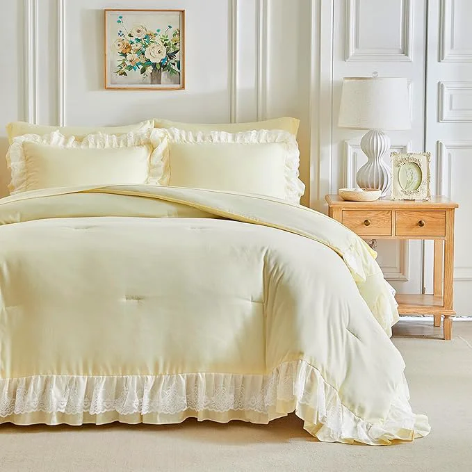 Responsible Joyreap King Size Comforter Set Yellow 3pcs Lace Ruffled Bedding Comforter Set Microfiber Vintage Boho Chic Bedding Set for All Season- 100x88 inches Next-Generation