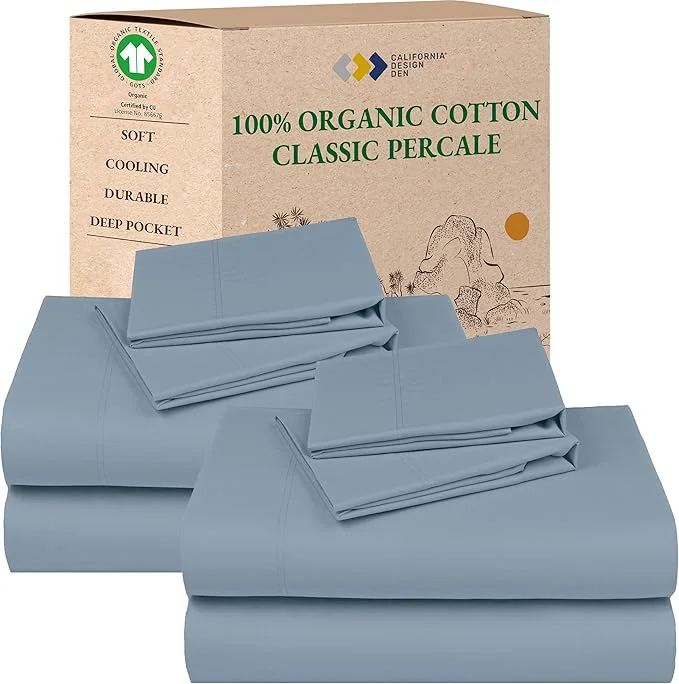 Fine California Design Den 2-Pack Queen Bedsheet Sets - Organic Cotton Crisp Breathable and Lightweight Percale Deep Pocket Sheet amp Pillowcase Sets - Blue Hydrangea Recyclable